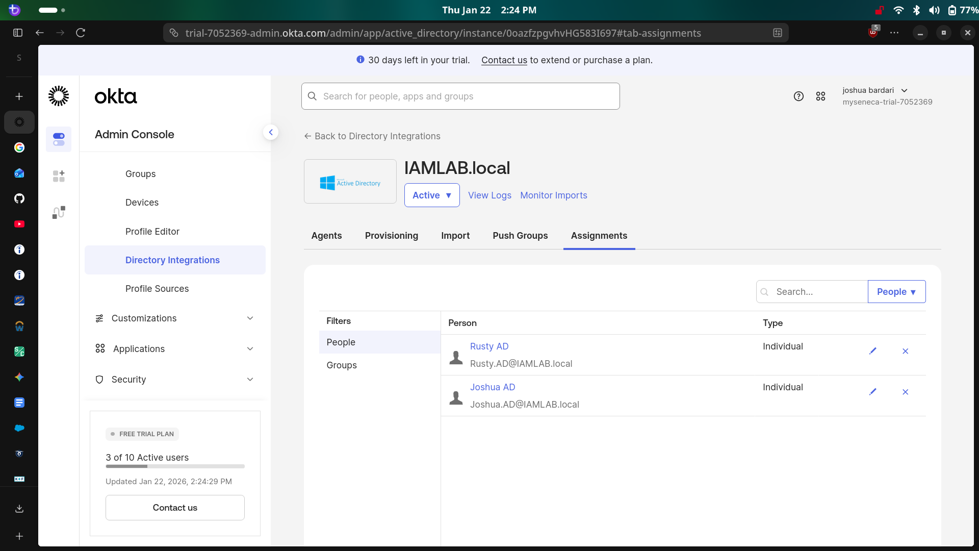 Okta User List showing AD Sync